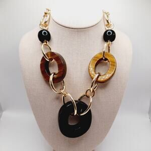 Chico’s Gold Tone Chunky Link Necklace 24” Black Brown Modern Chic